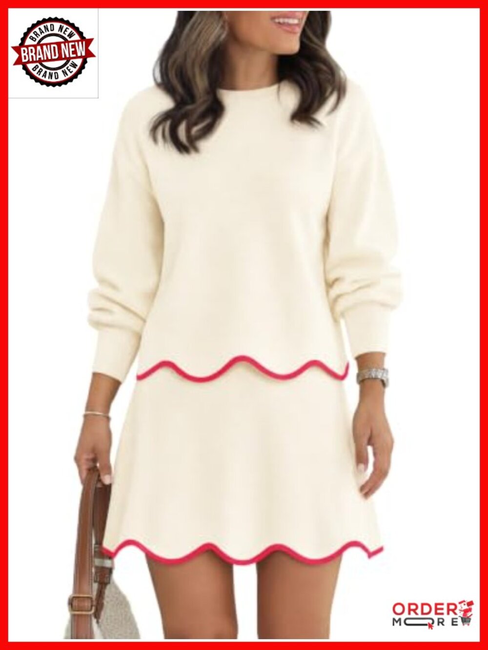 Womens 2 Piece Knit Skirt Set Puff Sleeve Top Scalloped Mini Skirt Outfit